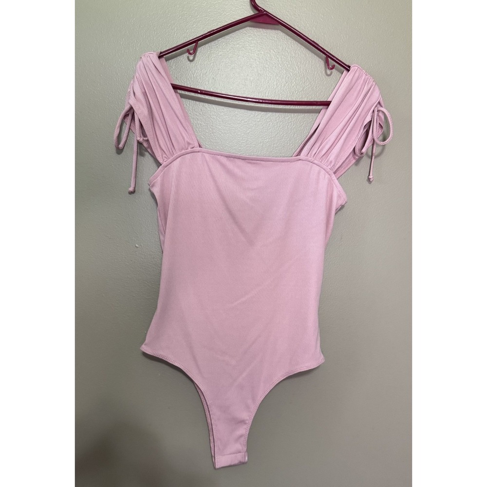 Altar'd State Pink Ribbed Tank Bodysuit Womens Size Medium Tie Shoulder